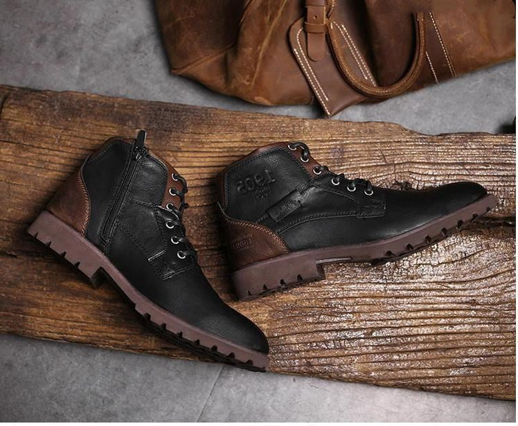 Bottines motards homme marron à zip et lacets