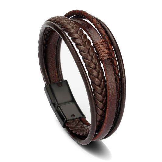 Bracelet en cuir noir pour homme avec fermoir magnétique