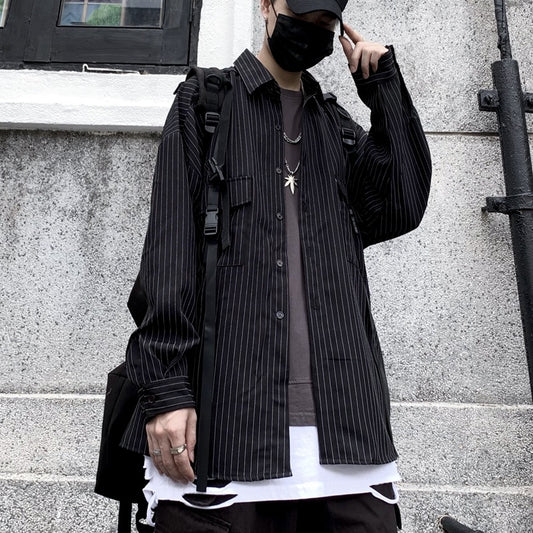 Chemise rayée homme noire et grise à manches longues