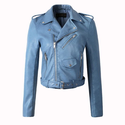 Veste motard en simili cuir bleue pour femme