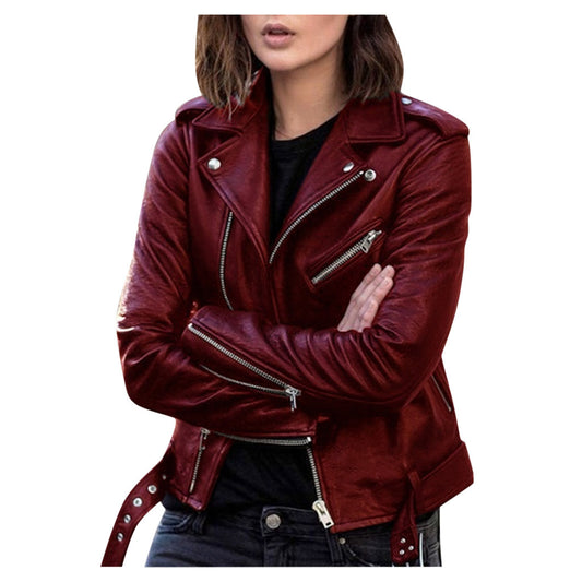 Veste zippée en simili cuir femme col revers