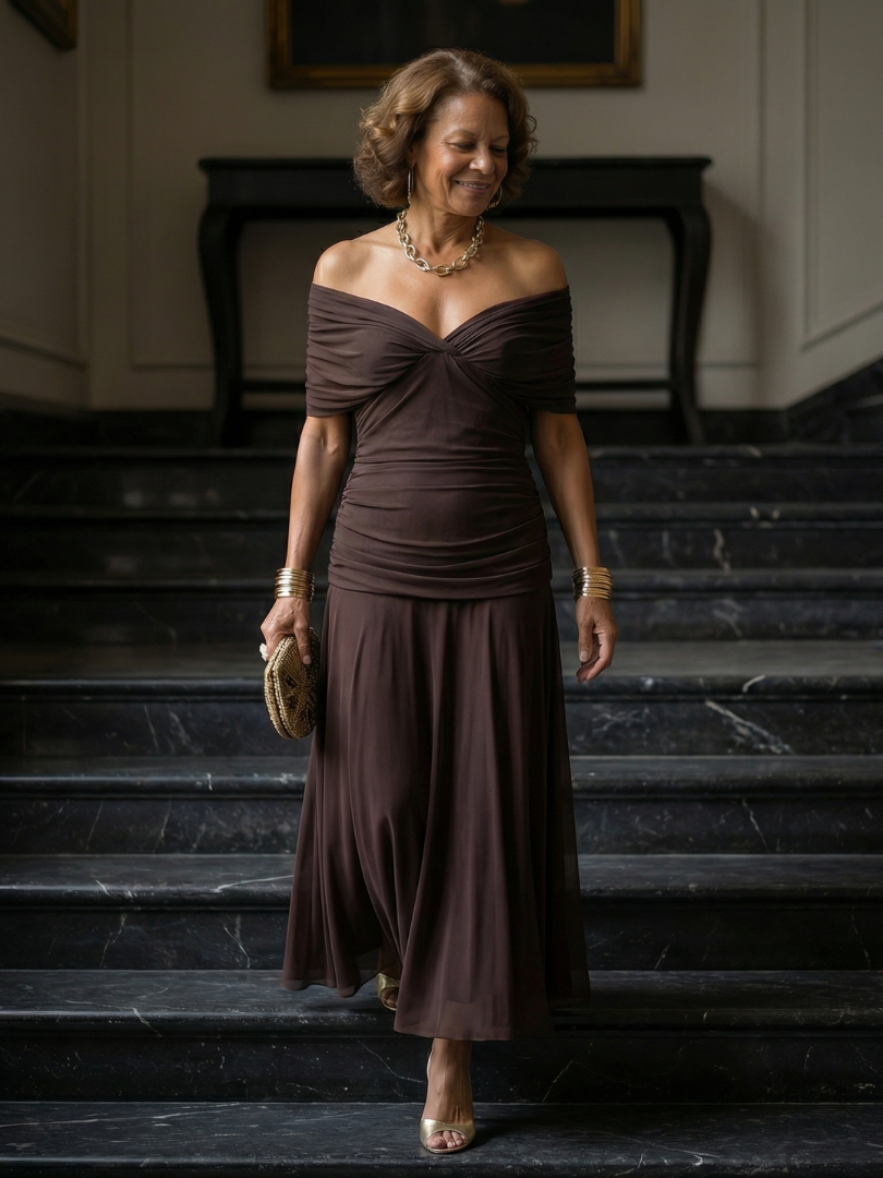 Isaline | Robe Midi Épaules Dénudées Fluide