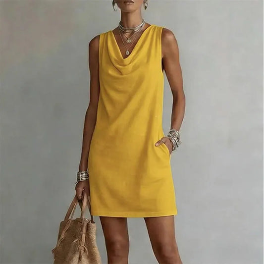 Mini robe femme sans manches avec col drapé