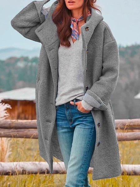 Manteau long femme à capuche boutonné, coupe décontractée