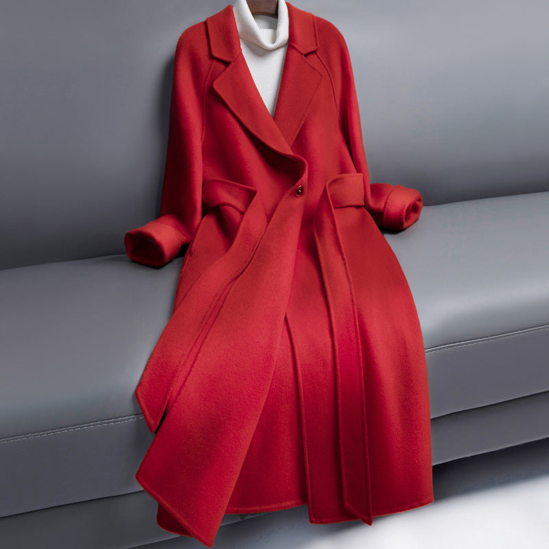 Manteau long en laine femme à col tailleur et ceinture