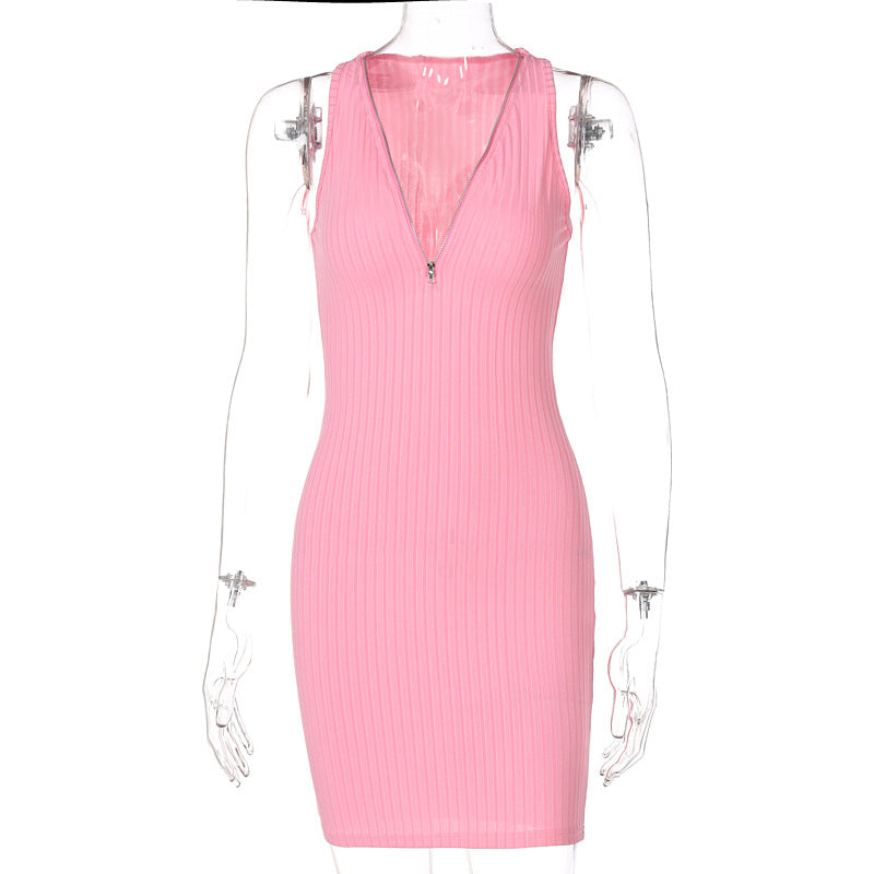 Robe mini femme rayée tricotée sans manches vert rose