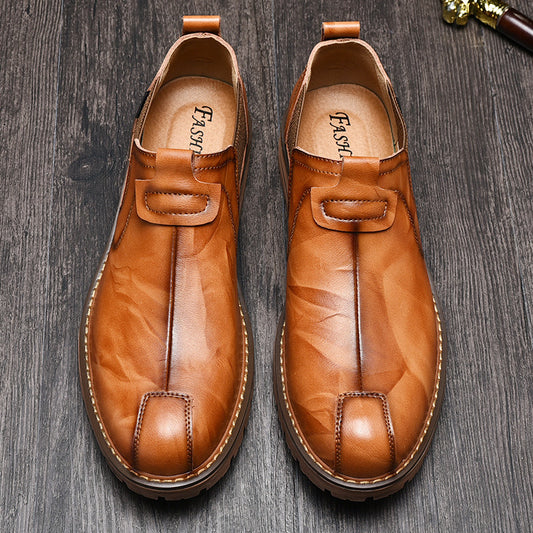 Mocassins homme en cuir, bout rond, marron rouge