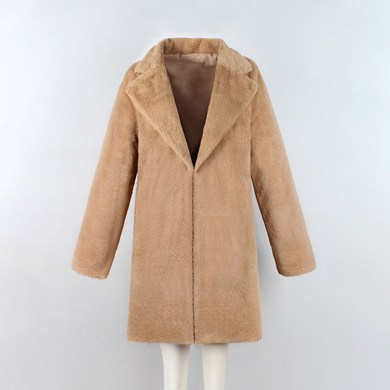 Manteau long en fausse fourrure pour femme, col retourné