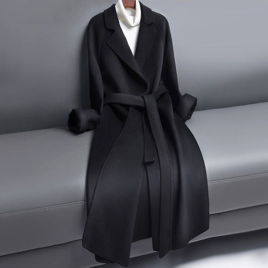 Manteau long en laine femme à col tailleur et ceinture