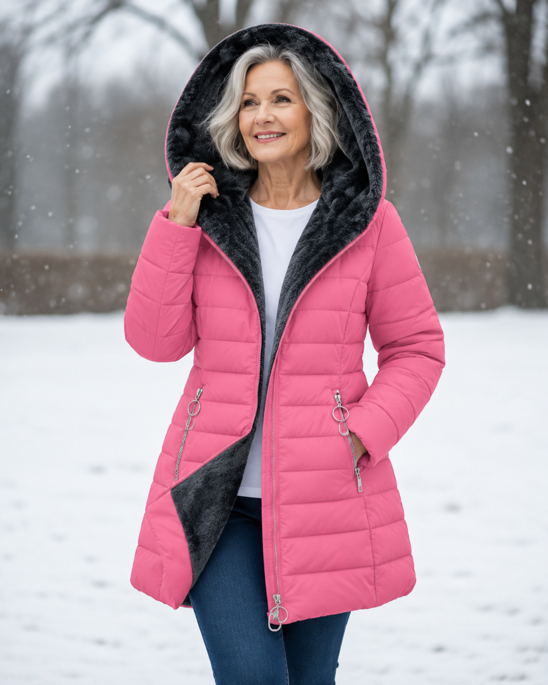 Femme portant un manteau d'hiver matelassé à capuche