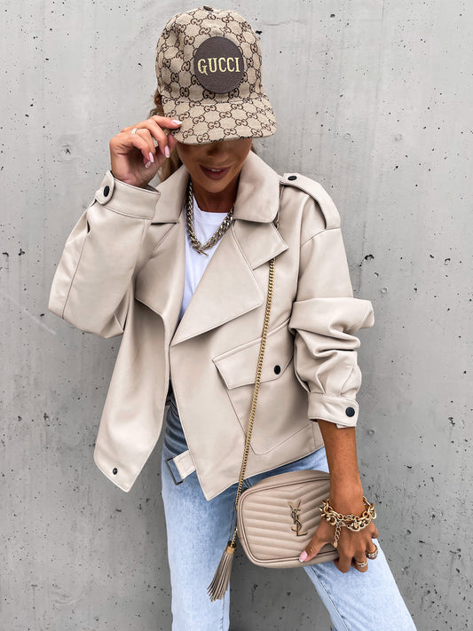 Veste en simili cuir femme coupe ample col revers