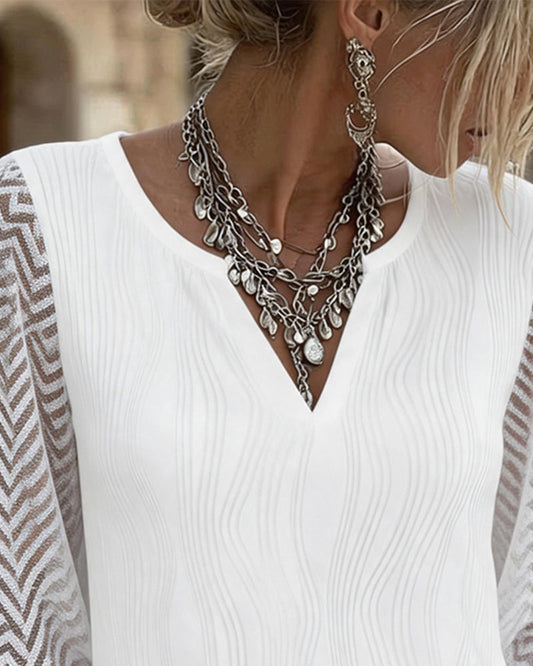 Blouse femme col V à manches en dentelle blanche