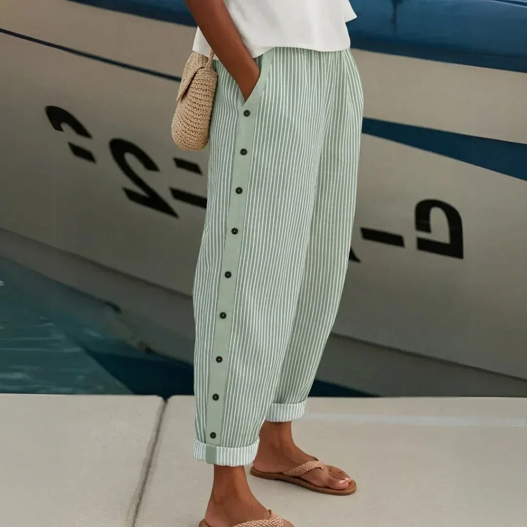Pantalon rayé femme taille haute à boutons