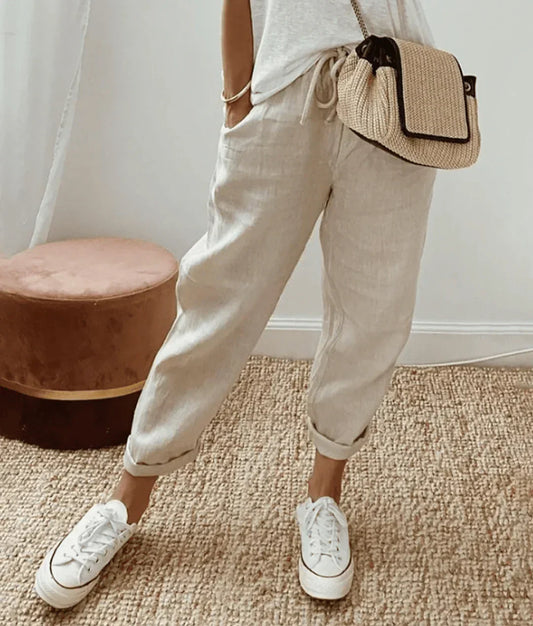 Pantalon femme imprimé à cordon - beige