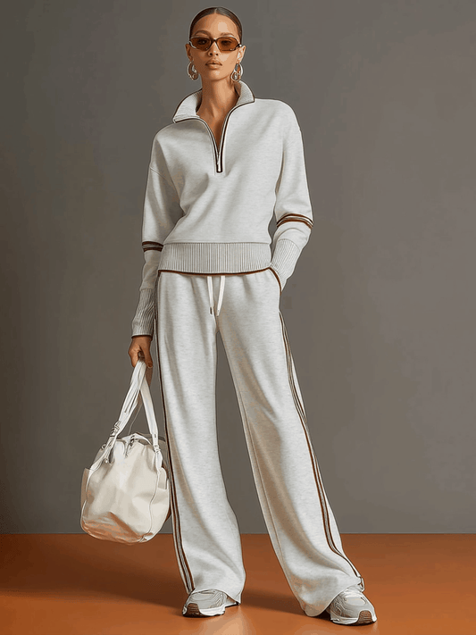 Femme en ensemble blouse et pantalon large coordonné