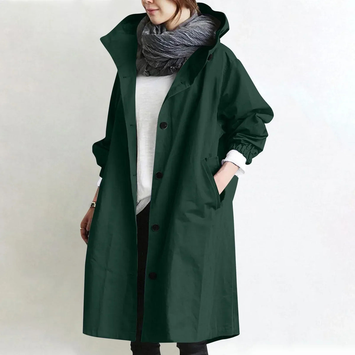 Manteau long femme à capuche avec boutons