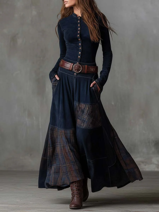 Robe longue patchwork à carreaux avec boutons devant