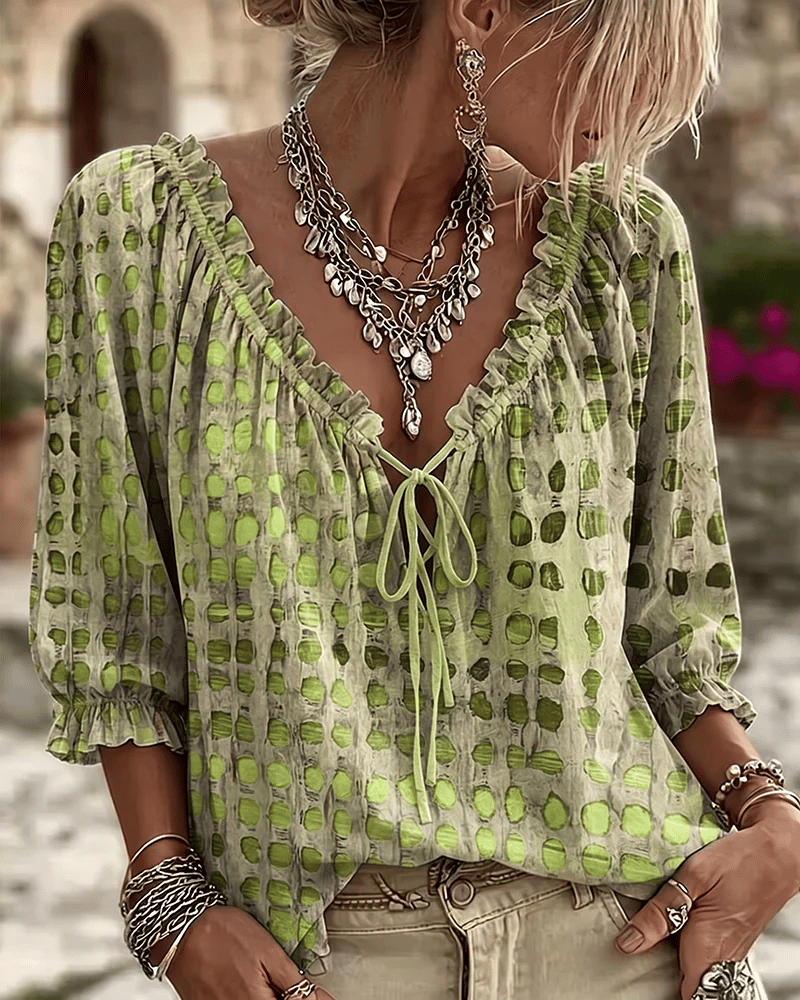 Blouse femme à pois avec col V à lacets