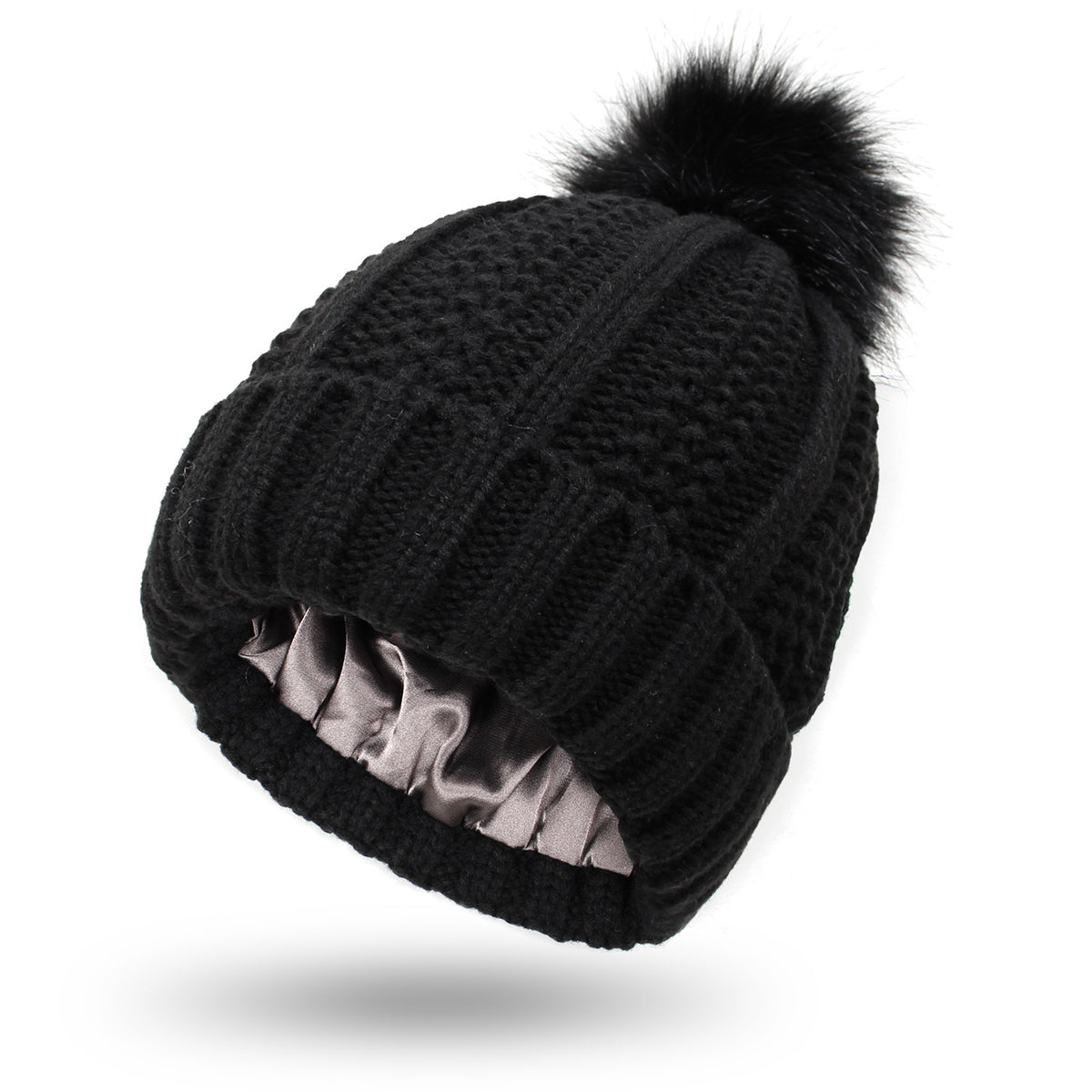 Bonnet femme doublé satin avec pompon fausse fourrure