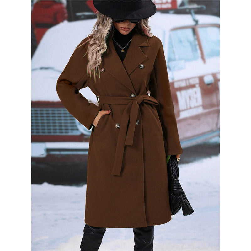 Trench long femme à ceinture et double boutonnage