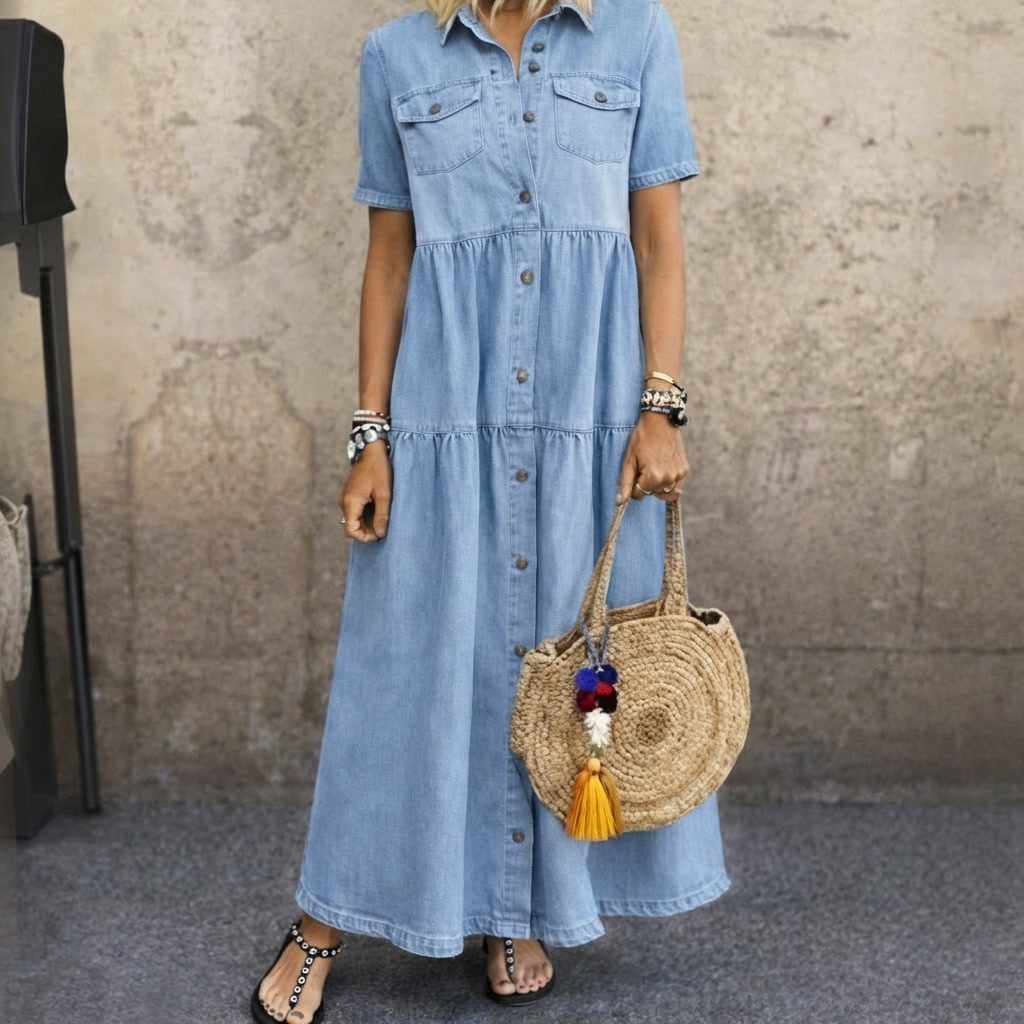Femme portant une robe midi en jean boutonnée bleue