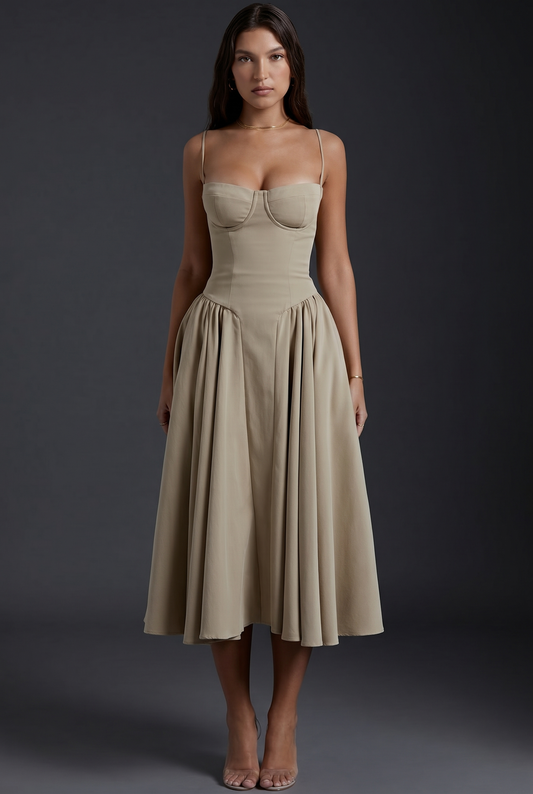 Robe midi femme au corsage structuré et jupe évasée