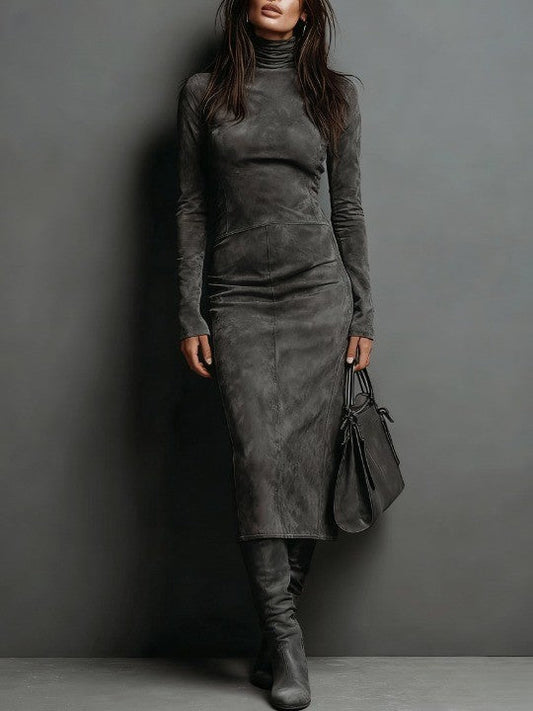 Robe midi moulante col roulé manches longues pour femme
