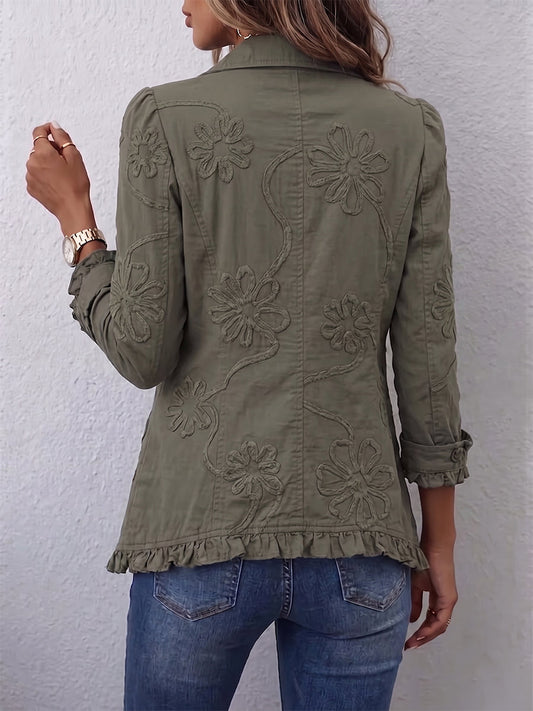 Veste verte brodée à fleurs et volants pour femme