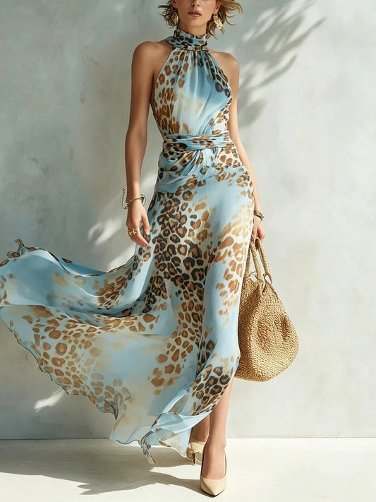 Robe longue léopard col halter dos nu pour femme