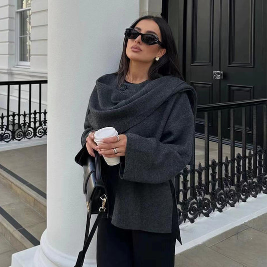 Manteau court femme en maille à écharpe asymétrique