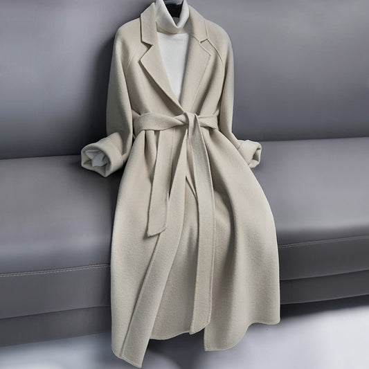 Manteau long en laine femme à col tailleur et ceinture