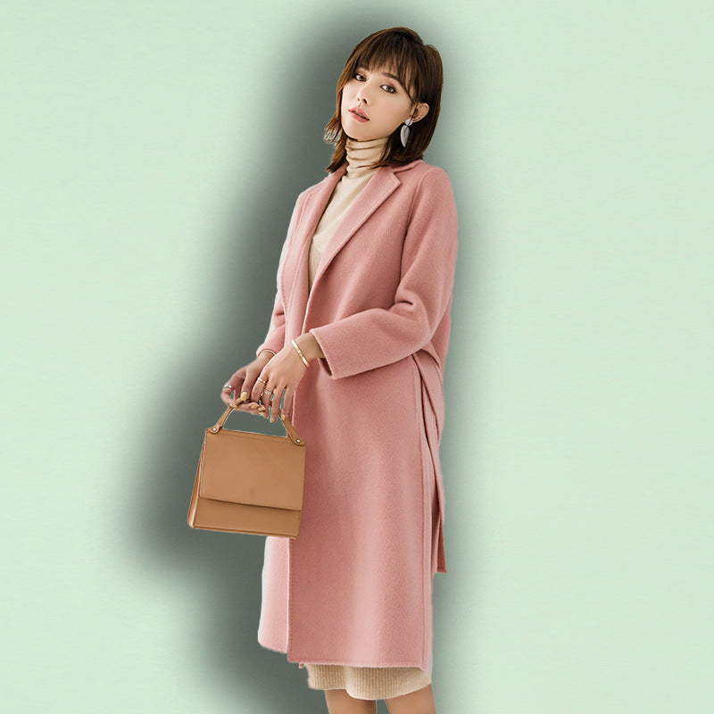 Manteau long en laine femme à col tailleur et ceinture