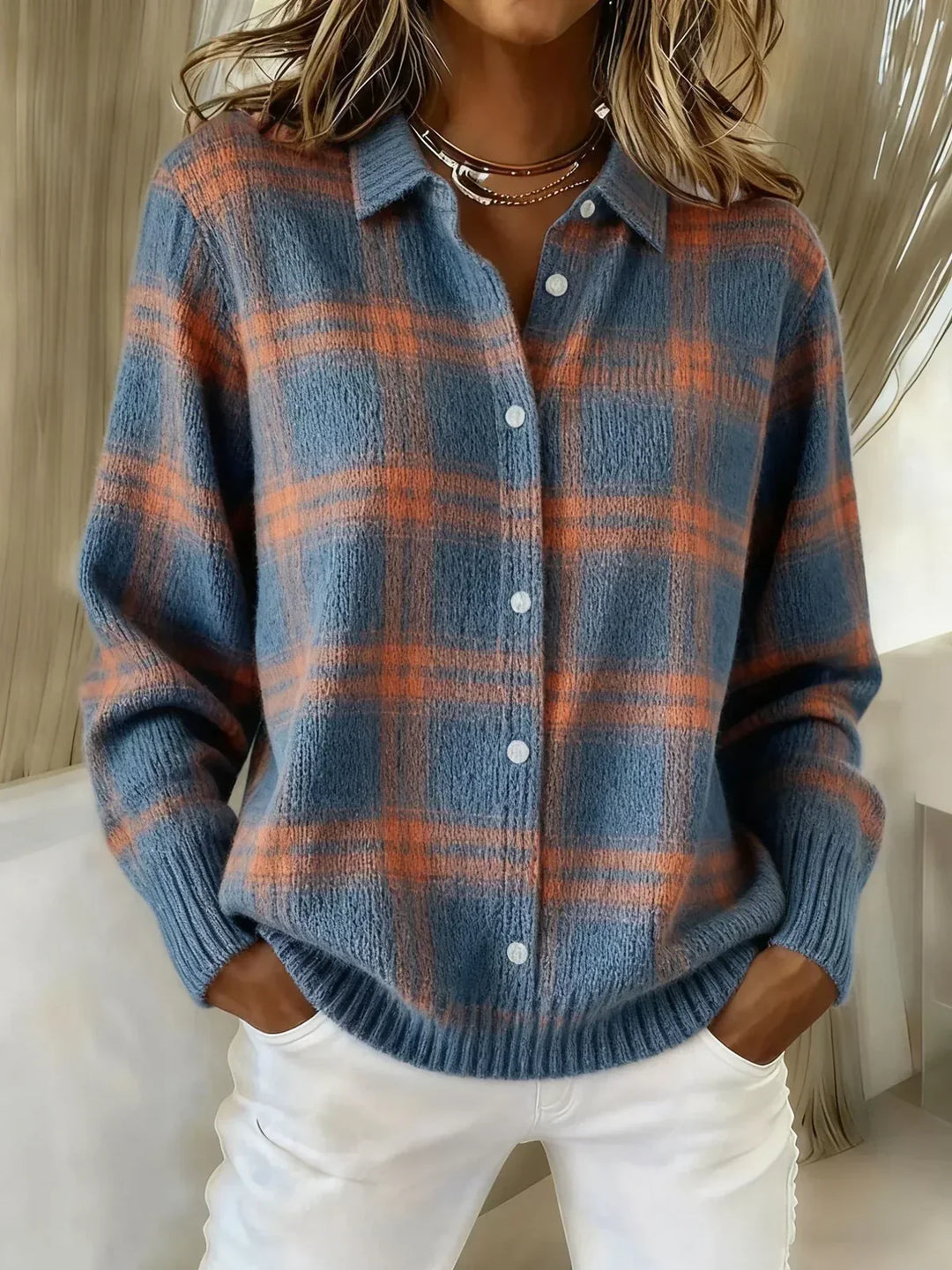 Cardigan femme oversize à carreaux et boutons