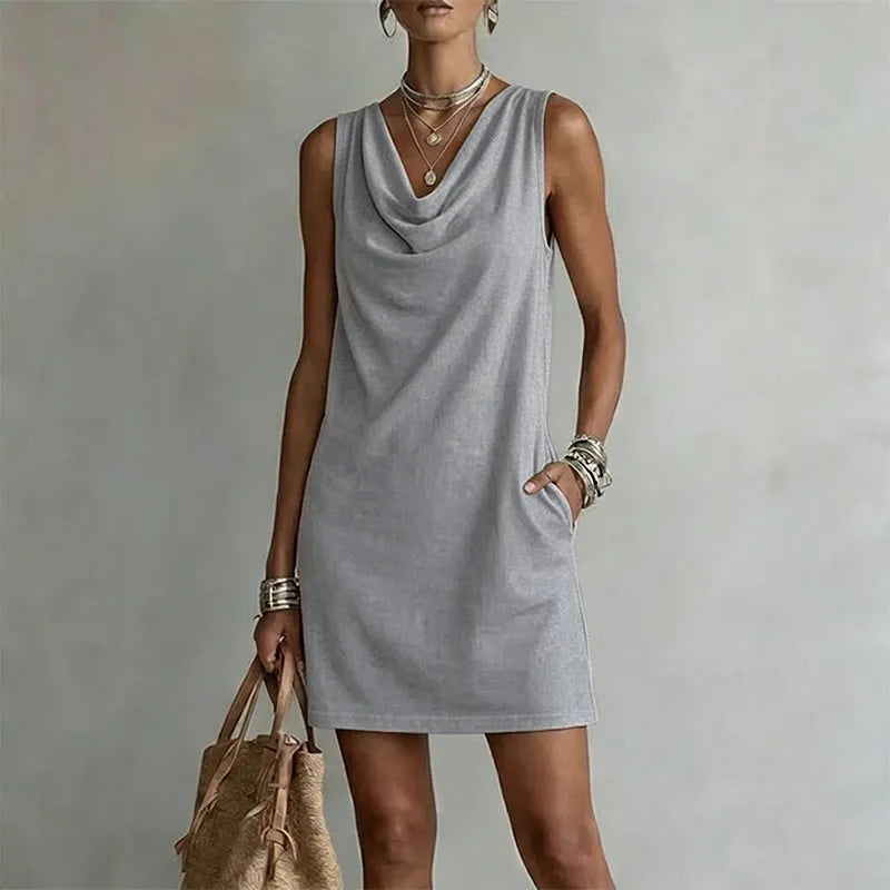 Mini robe femme sans manches avec col drapé