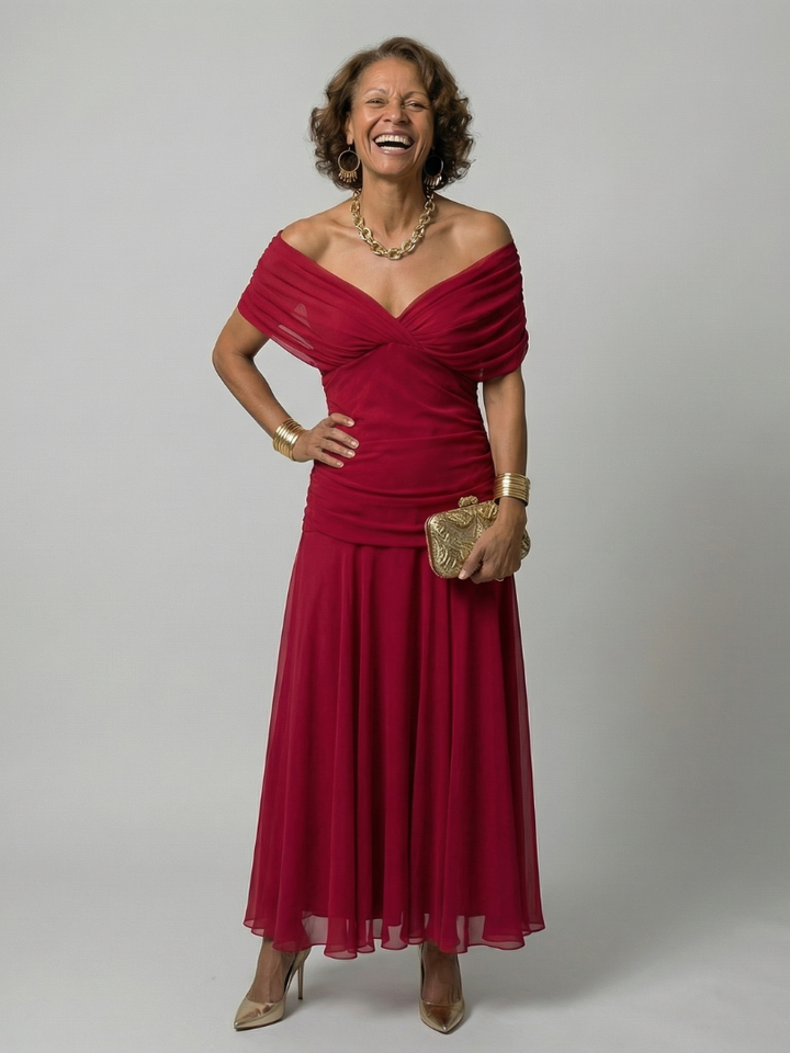Isaline | Robe Midi Épaules Dénudées Fluide
