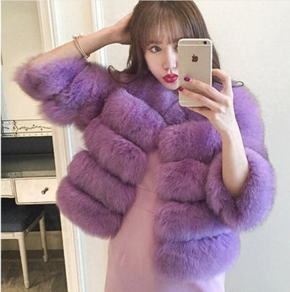Manteau femme d'hiver court à effet fourrure bandes horizontales