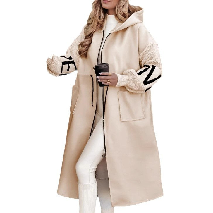 Manteau long femme à capuche et cordon de serrage