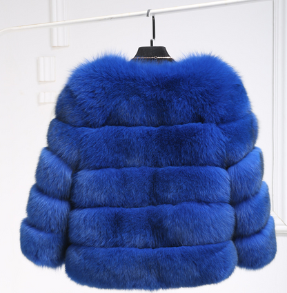 Manteau femme d'hiver court à effet fourrure bandes horizontales