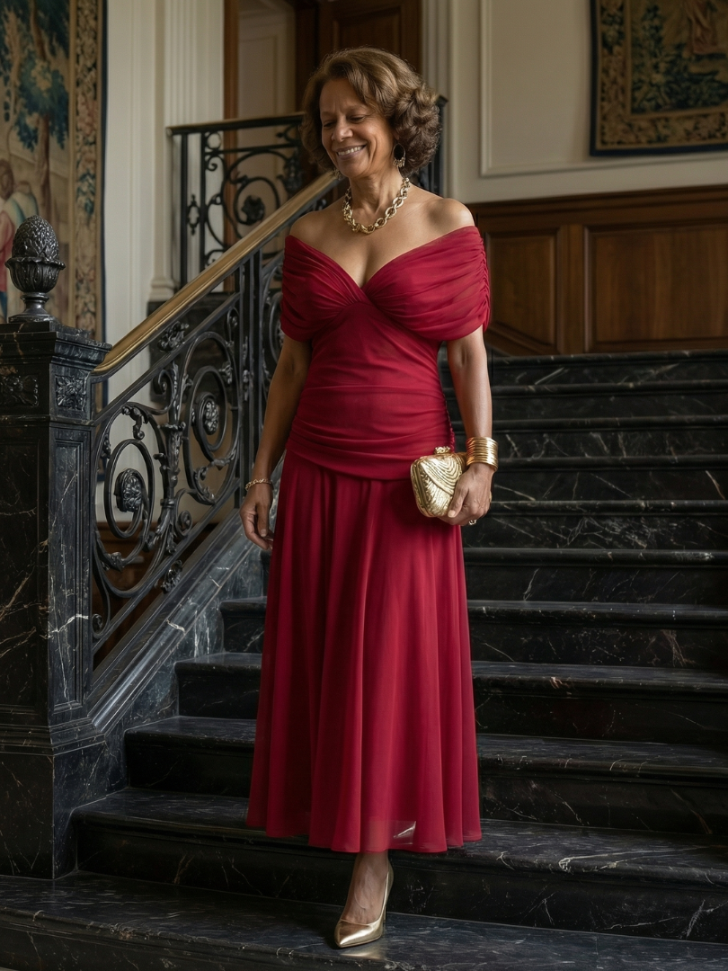 Isaline | Robe Midi Épaules Dénudées Fluide