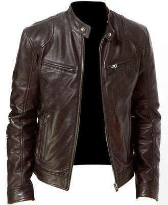 Veste homme slim en simili cuir marron, zip, coupe moderne
