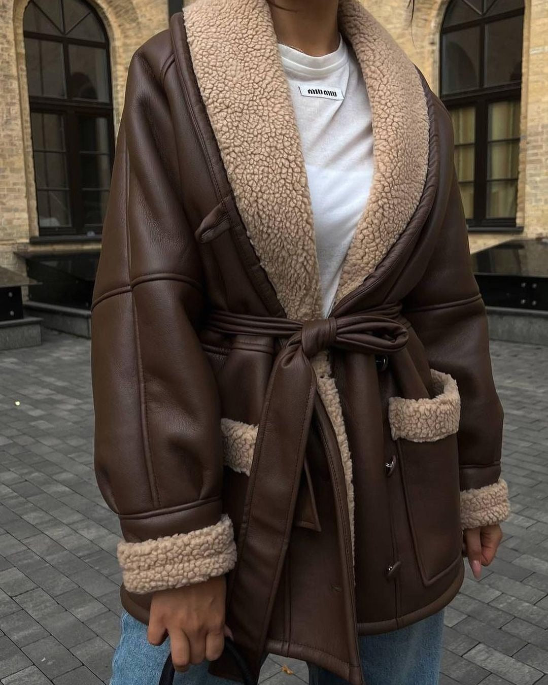 Manteau femme long en similicuir à poches