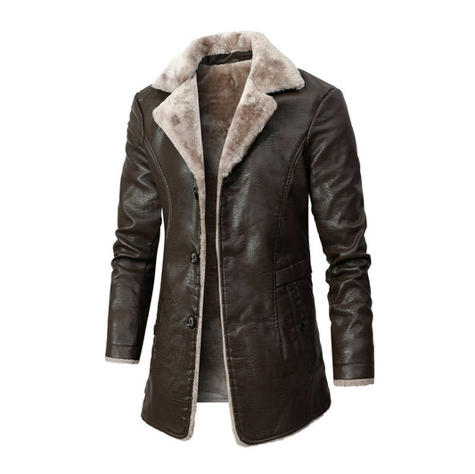 Manteau homme en cuir synthétique col revers doublure peluche