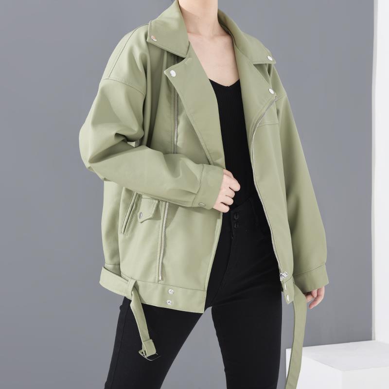Veste motard femme en simili cuir avec ceinture