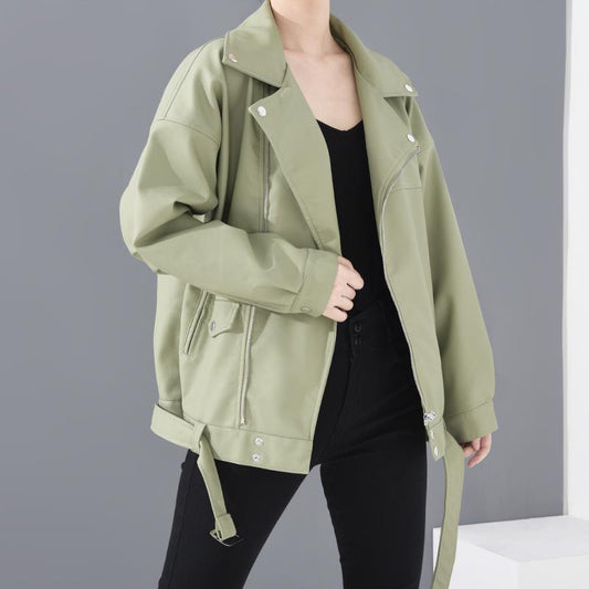 Veste motard femme en simili cuir avec ceinture