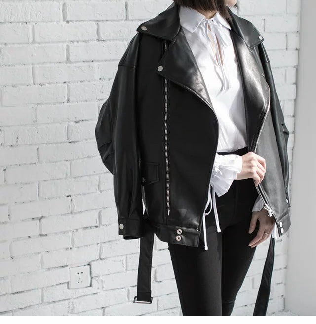 Veste motard femme en simili cuir avec ceinture