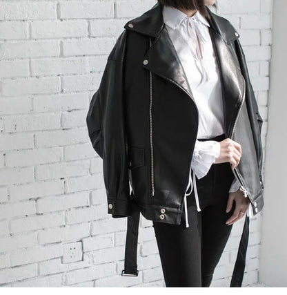 Veste motard femme en simili cuir avec ceinture