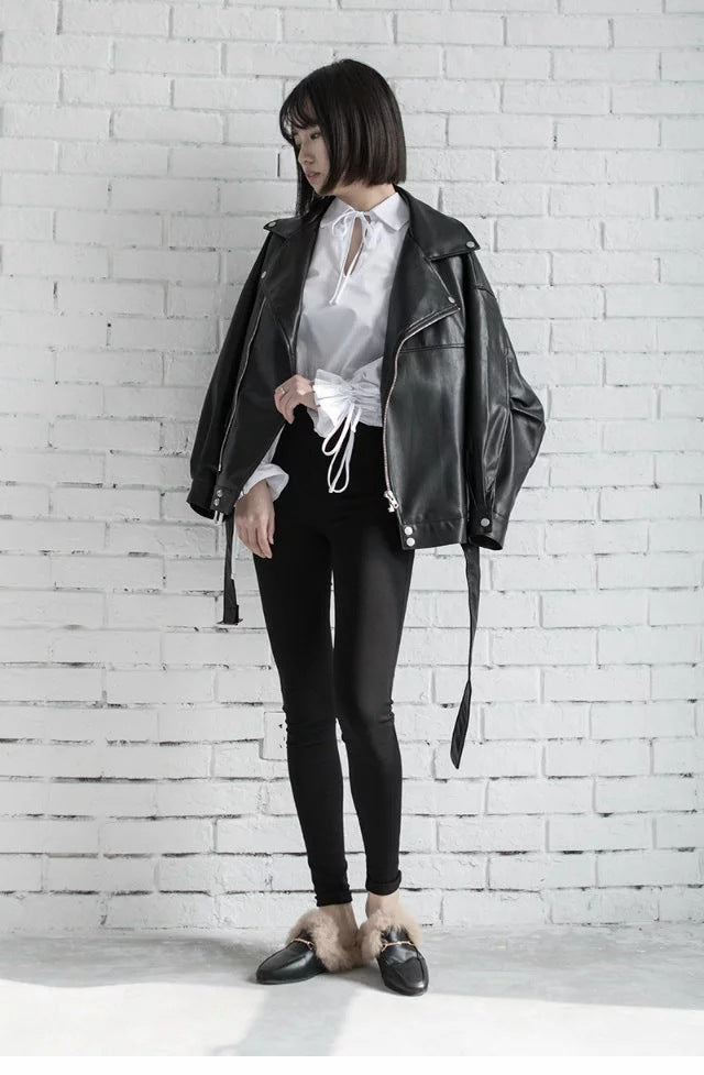 Veste motard femme en simili cuir avec ceinture