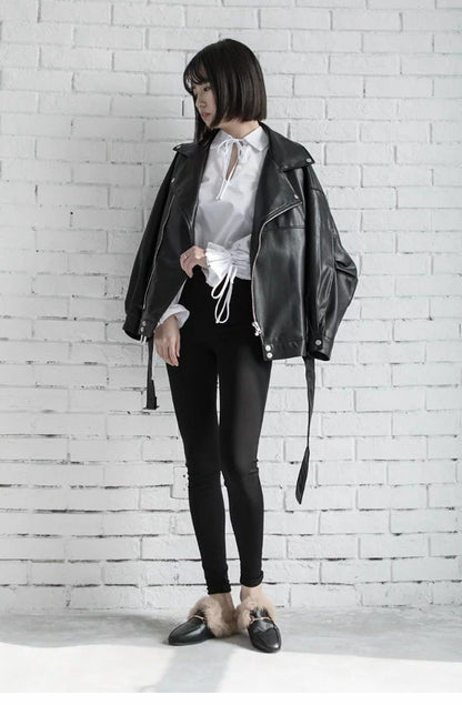 Veste motard femme en simili cuir avec ceinture