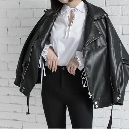 Veste motard femme en simili cuir avec ceinture