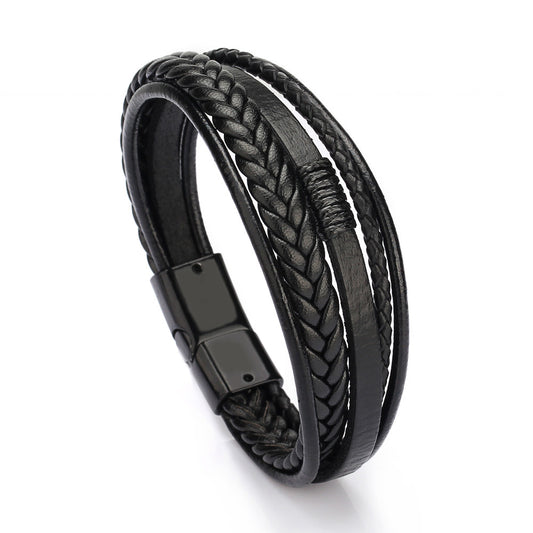 Bracelet en cuir noir pour homme avec fermoir magnétique